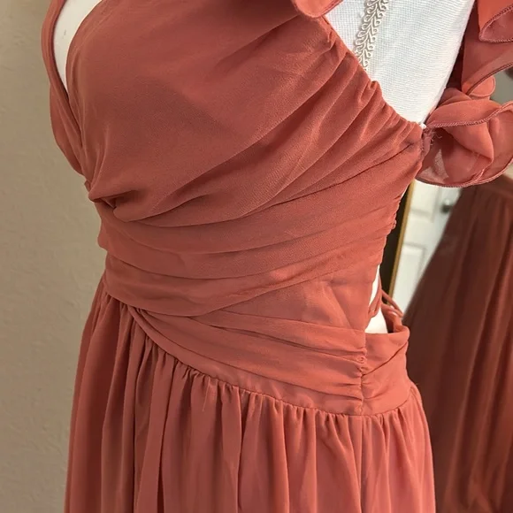 Lulu’s Large Soiree Celebration Rusty Rose Ruffled Lace-Up Maxi Dress - Picture 5 of 11